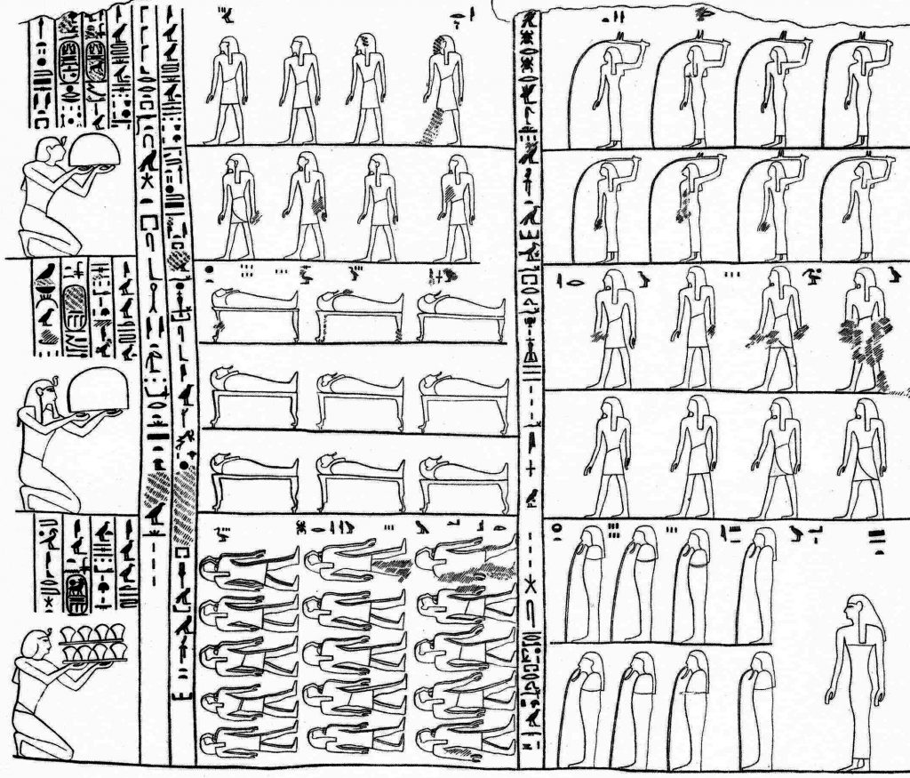 Figura 2. Merneptah realizando ofrendas a los dioses de las cavernas en el Osireion de Abidos (Murray, 1989, lám. III –modificado por el autor–).
