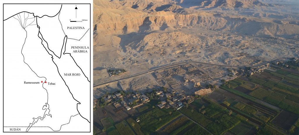 Figura 1. A: Localización del Ramesseum. B: Vista aérea del templo desde sureste (fuente: fotografía de la autora).