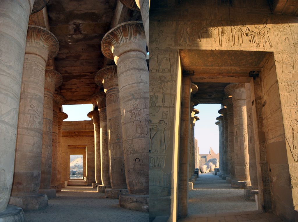 Figura 17. Vistas de la sala hipóstila. A: Vista desde el este. B: Vista desde el oeste con el coloso derribado al fondo (fuente: fotografía de la autora).