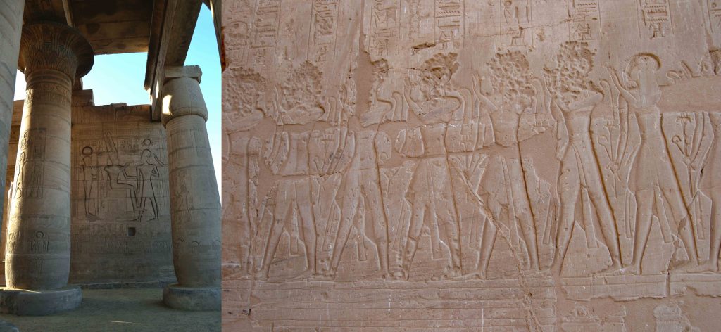 Figura 19. Pared noroeste de la sala hipóstila con dos registros: el superior muestra el rey frente a varias divinidades, mientras que el inferior representa el desfile de los hijos de Ramsés II. A: Vista de la pared completa. B: detalle del desfile de los príncipes (fuente: fotografía de la autora).