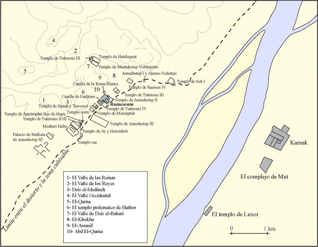 Figura 2. Mapa esquemático de la zona de Tebas que incluye los diferentes Templos de Millones de Años (fuente: mapa de la autora).