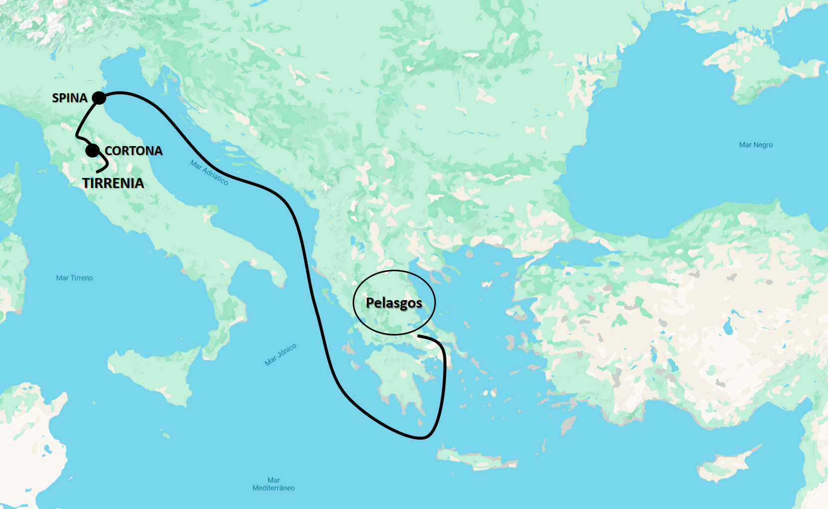 Figura 1. Diáspora de los pelasgos según Helánico de Lesbos. Elaboración propia del autor.