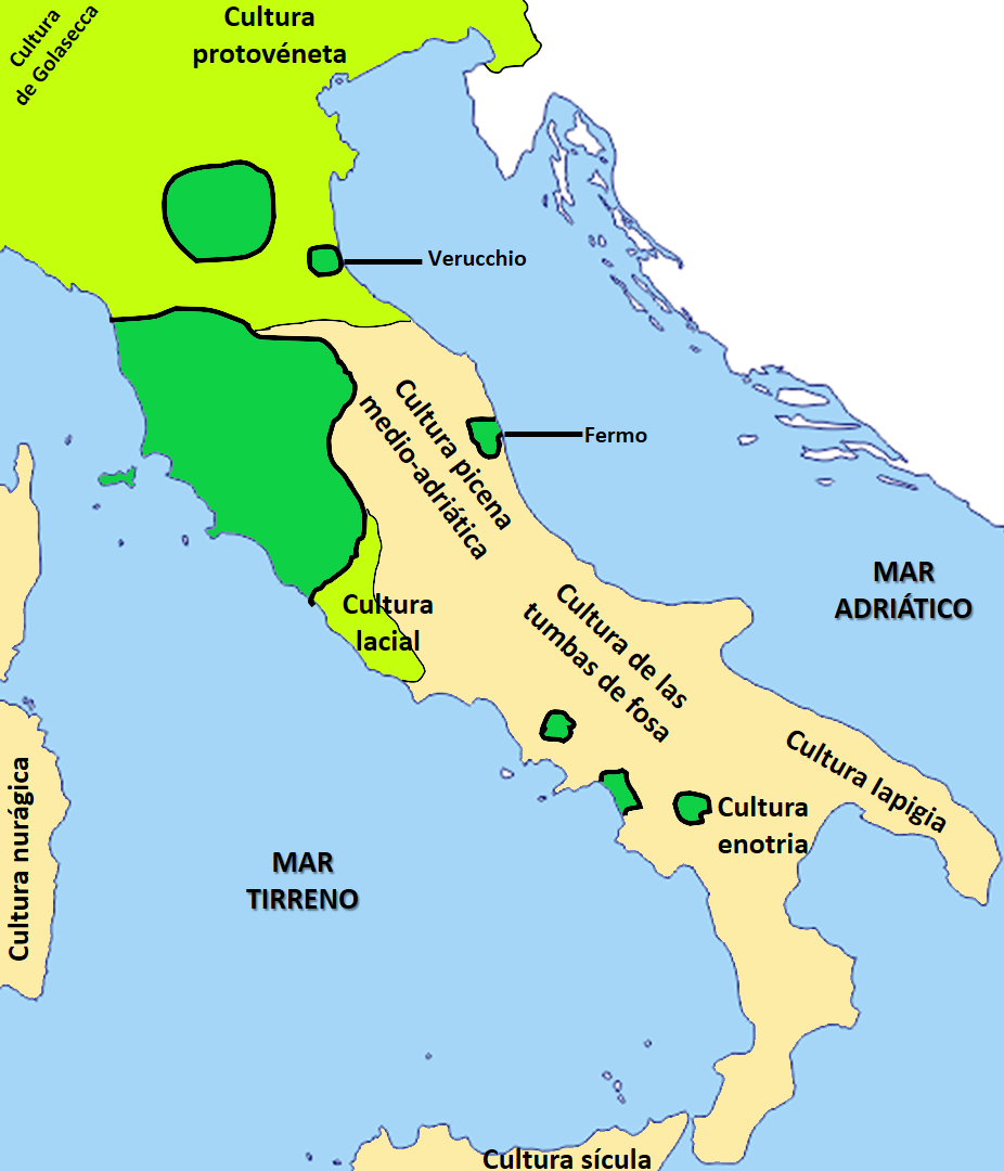 Figura 2. Italia durante la Primera Edad del Hierro (siglos X-VIII a. C.). Zona verde oscuro: territorio villanoviano. Zona verde claro: área en la que predomina la cremación. Zona naranja: área en la que predomina la inhumación. Elaboración propia del autor.